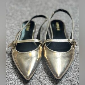 Guess Metallic Gold Pointed Toe Slingback Flats Womens Size 6 Mary Jane Buckle